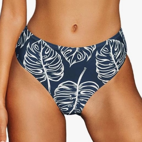 Navy CUPSHE Women's High Waisted Floral Bikini Bottoms - Picture 1 of 6